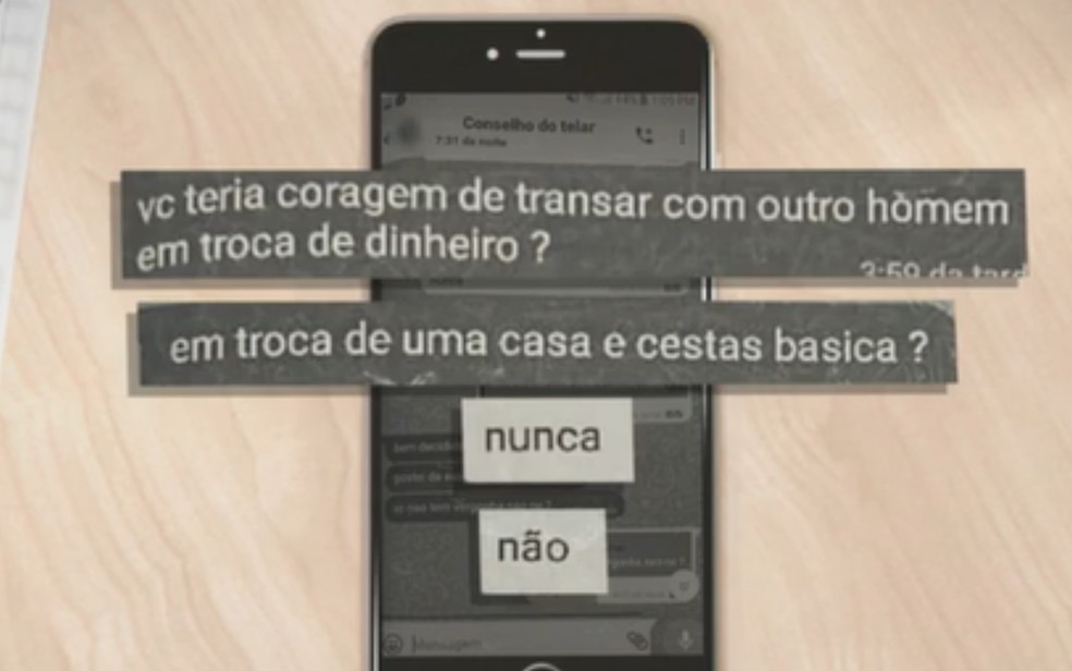 Print mostra quando servidor da Câmara de Itumbiara, Goiás, pergunta se mulher aceitaria transar em troca de cestas básicas — Foto: Reprodução/TV Anhanguera