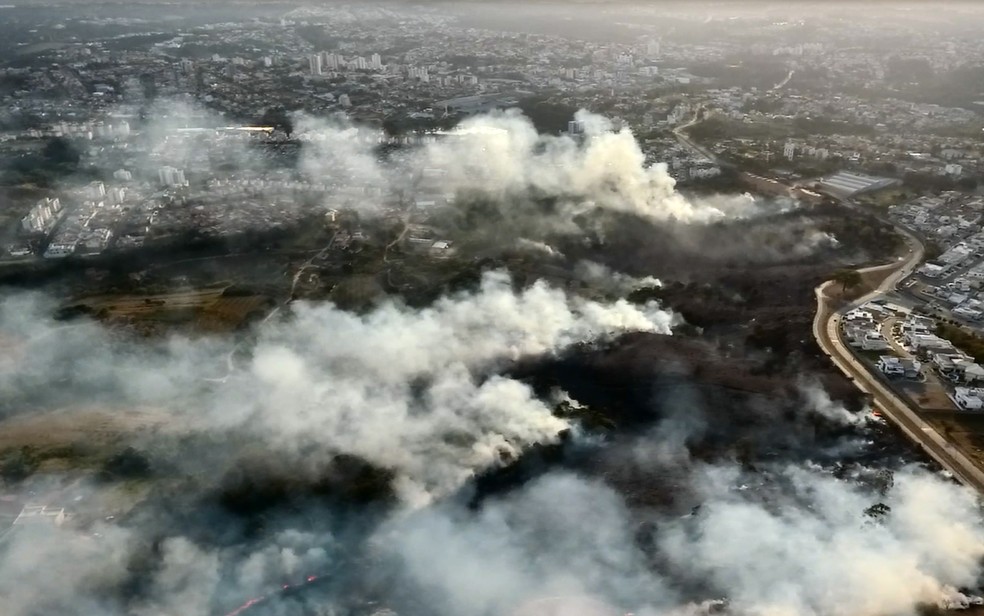 Queimada atinge grande &aacute;rea de mata e pasto no dia 29 de julho, em Valinhos. &mdash; Foto: Reprodu&ccedil;&atilde;o/EPTV