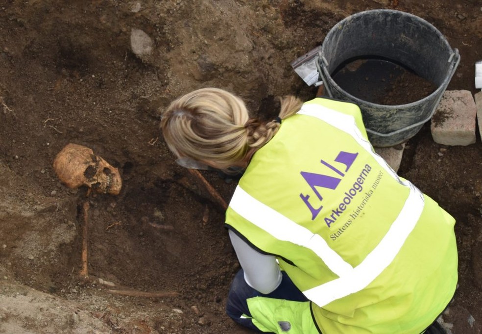 Em um dos dois barcos encontrados na Suécia foram desenterradas ossadas de um homem, cavalo e cão. — Foto: Divulgação/Arkeologerna