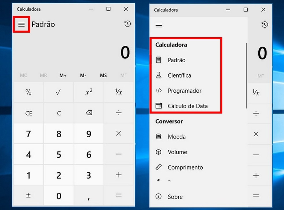 Mudança de modos de calculadora no Windows 10 — Foto: Reprodução/Raquel Freire