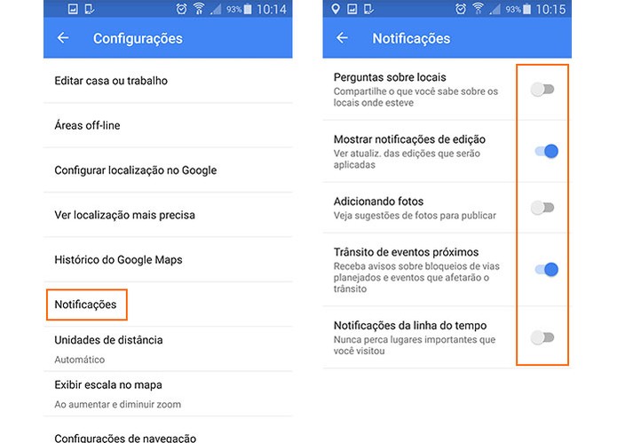Ative ou desative as notificações que preferir no Google Maps para Android (Foto: Reprodução/Barbara Mannara)