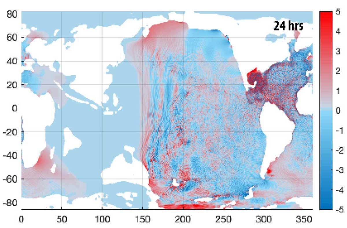 Perturbação da altura da superfície do mar do tsunami, em metros, 24 horas após o impacto do asteroide (Foto: De Range et al. em AGU Adiantamentos, 2022)