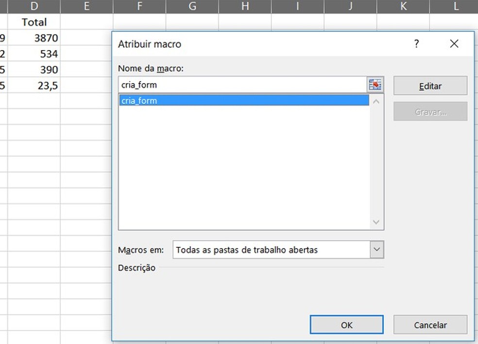 Selecione o módulo criar_form que você produziu no Visual Basic no Excel — Foto: Reprodução/Filipe Garrett