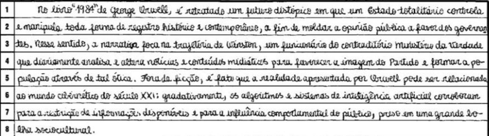Redação nota mil no Enem, de autoria de Lucas Felpi — Foto: Reprodução/Inep