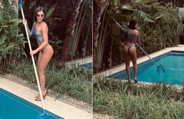 Mariana Rios surge limpando a piscina de salto alto em vídeo na web (Foto: reprodução/ Instagram)