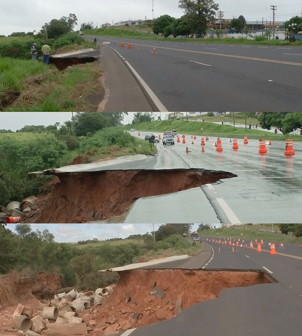 Cratera em rodovia de Quintana aumenta em uma semana — Foto: Reprodução/TV TEM