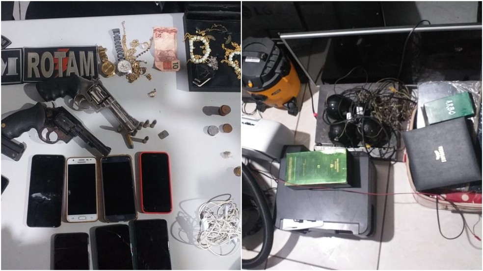 Parte dos objetos apreendidos pela polícia com os quatro homens presos na Vila Sarney Filho — Foto: Divulgação/Polícia Militar