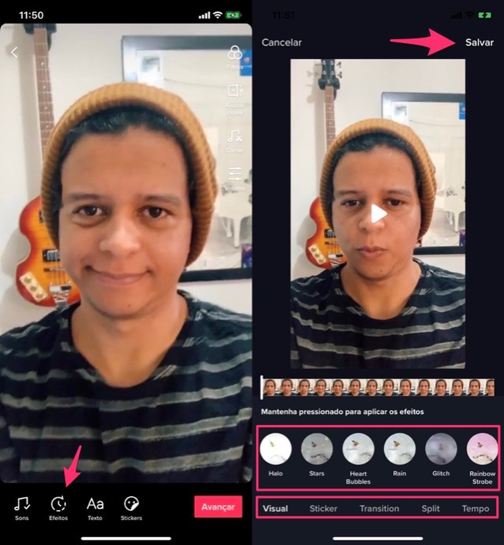 Ação para aplicar efeitos sobre um vídeo de dublagem no aplicativo TikTok — Foto: Reprodução/Marvin Costa