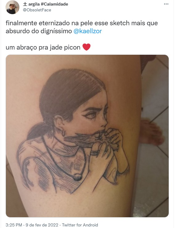 Jovem faz tatuagem de meme da Jade Picon no BBB (Foto: Twitter/Reprodução)
