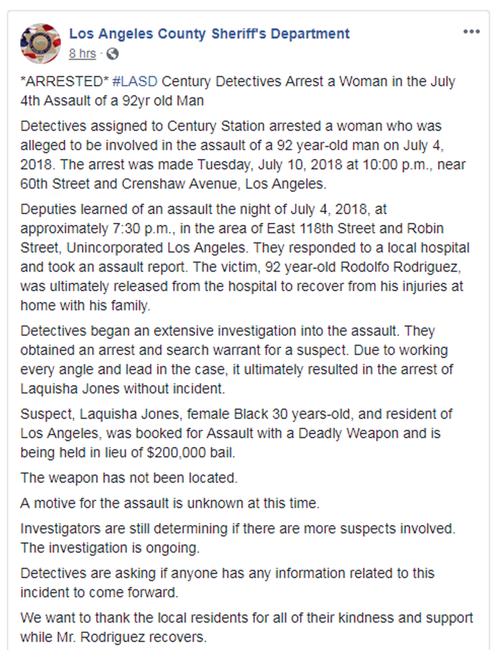 Comunicado da polícia de Los Angeles sobre prisão de acusada de espancar idoso nos EUA (Foto: Reprodução/Facebook)