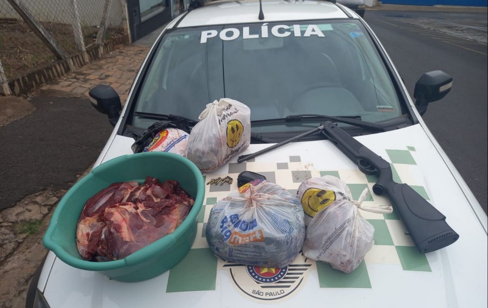 Carne e arma foram apreendidos em Novo Horizonte — Foto: Polícia Militar Ambiental/Divulgação