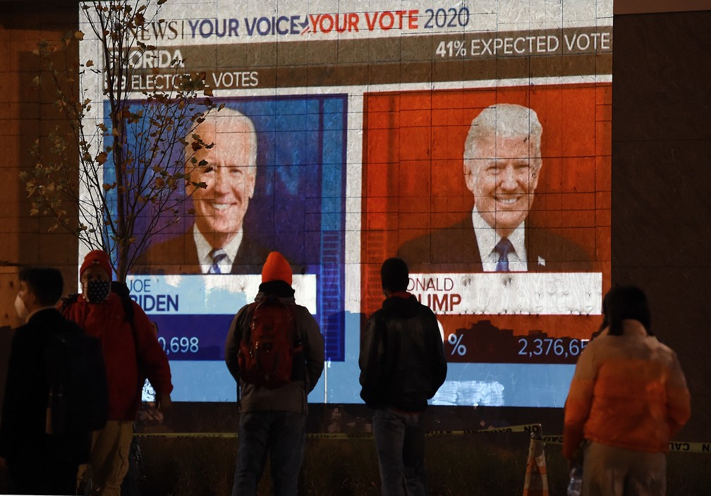 Pessoas assistem os resultados das eleições ao vivo na 'Black Lives Matter Plaza' em frente à Casa Branca, em Washington, nesta terça-feira (3)  — Foto: Olivier Douliery/AFP
