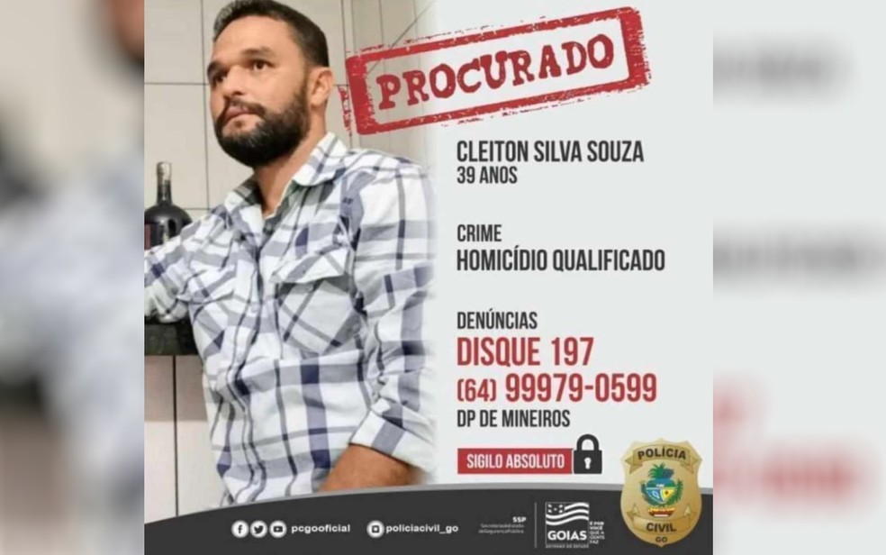 Cleiton Silva Souza, de 39 anos, suspeito de homicídio qualificado, em Mineiros, — Foto: Divulgação/Polícia Civil