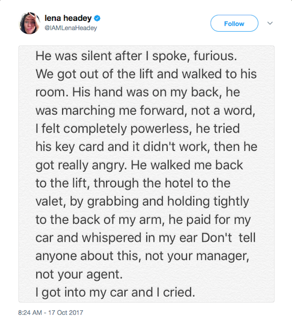 A revelação da atriz Lena Headey sobre o assédio cometido pelo produtor Harvey Weinstein (Foto: Twitter)