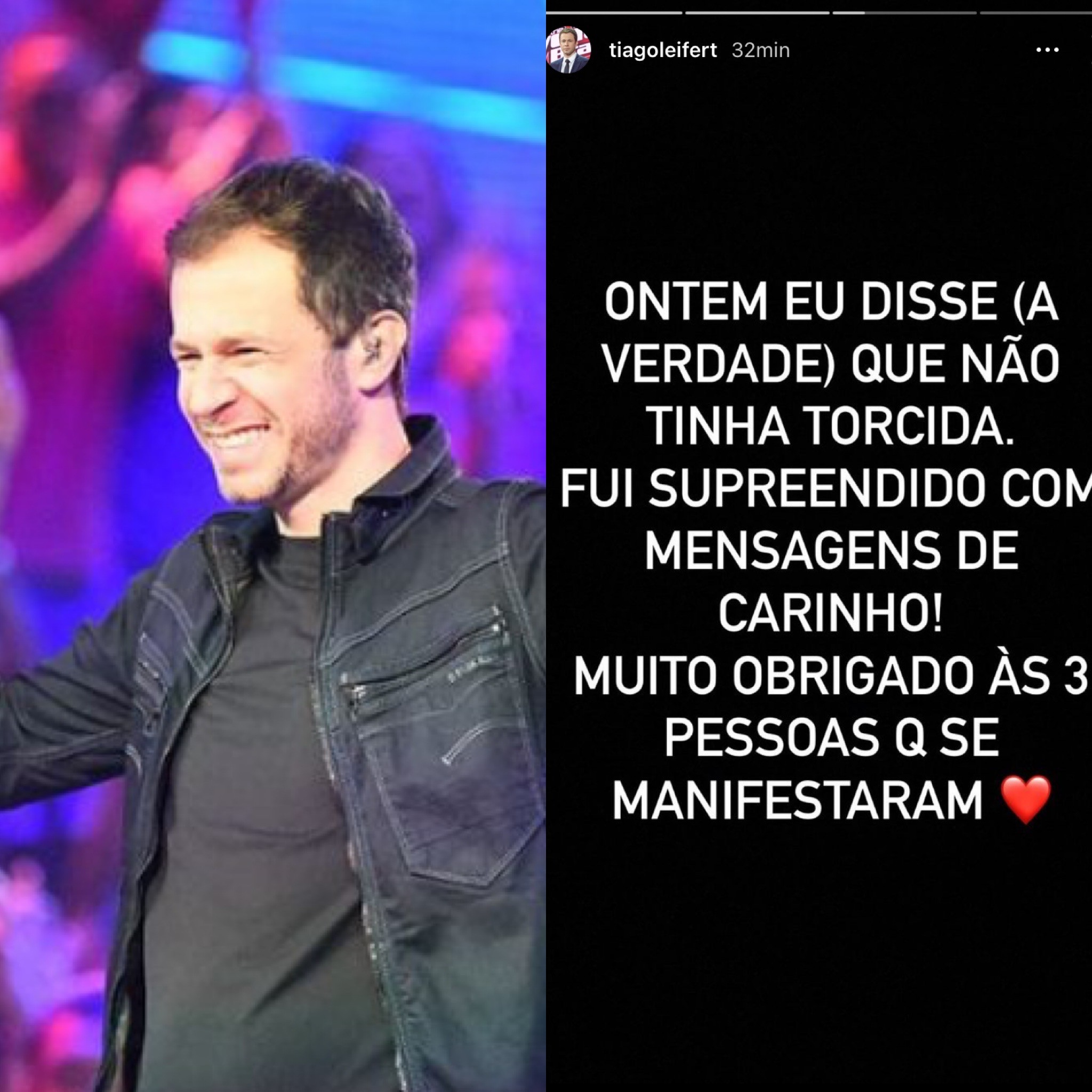 Tiago Leifert brinca sobre torcida por meio dos stories (Foto: Instagram)
