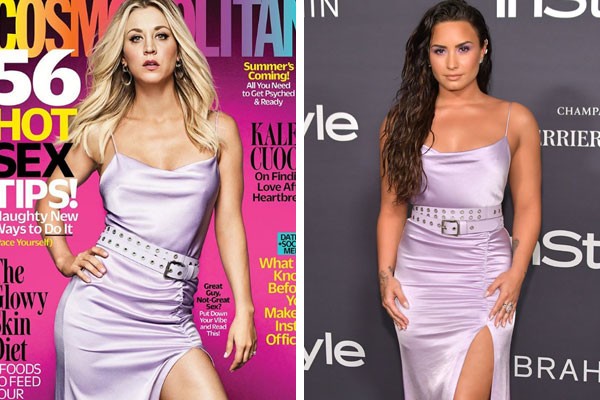 Comparação dos vestidos usados por Kaley Cuoco e Demi Lovato: idênticos  (Foto: Reprodução/Instagram/Getty Images)