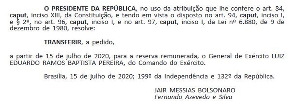 General Eduardo Ramos Baptista Pereira é transferido para a reserva remunerada — Foto: Reprodução / Diário Oficial da União