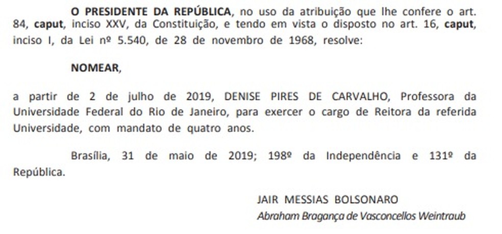 Nomeação de Denise Pires de Carvalho foi publicada esta segunda-feira (3) no Diário Oficial da União — Foto: Reprodução/ Diário Oficial