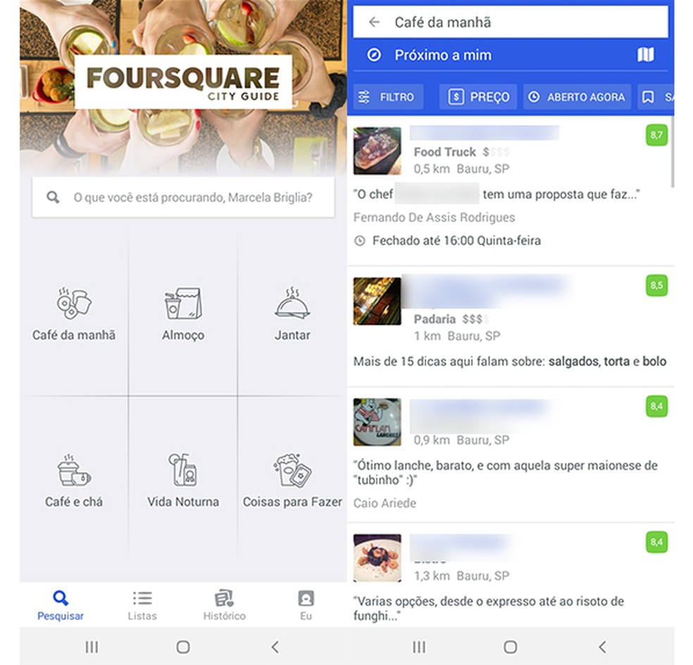 Aplicativo Foursquare permite encontrar locais próximos de acordo com os "check-ins" de outros usuários — Foto: Reprodução/ Foursquare