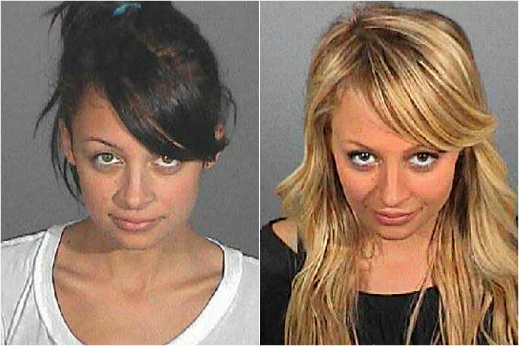 Nicole Richie em 2003 (à esq.) e em 2007. Acusações: primeiro, por porte de heroína; depois, por dirigir sob efeito de álcool e/ou outras drogas, na contramão de uma estrada, às 2h da manhã. (Foto: Divulgação)