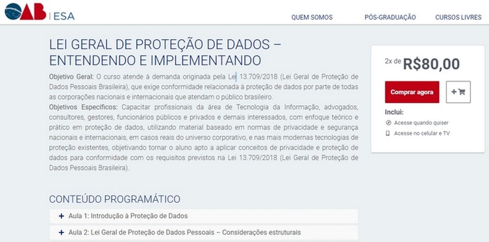 ESA-OAB do Rio de Janeiro oferece curso online de LGPD para advogados — Foto: Reprodução/Raquel Freire