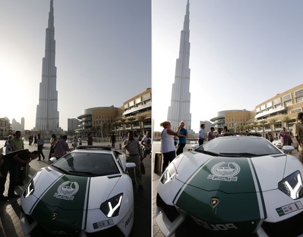 Curiosos tiraram fotos ao ver a Lamborghini Aventador patrulhando as ruas (Foto: Karim Sahib/AFP)