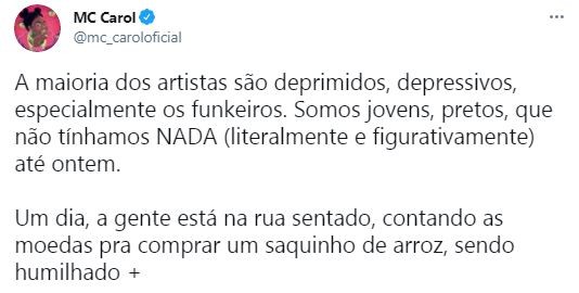 Mc Carol de Niterói desabafa no Twitter (Foto: Reprodução / Twitter)