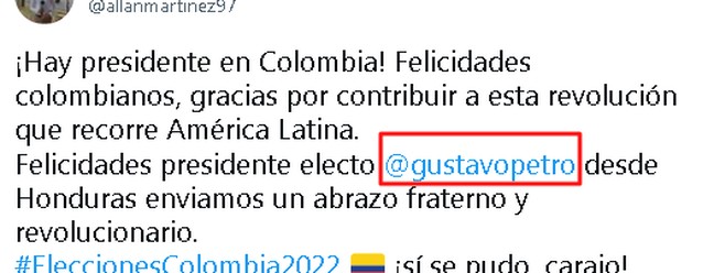 Internauta marca perfil do brasileiro Gustavo Petró numa postagem de parabéns à vitória do esquerdista Gustavo Petro na eleição presidencial colombiana — Foto: Twitter / Reprodução
