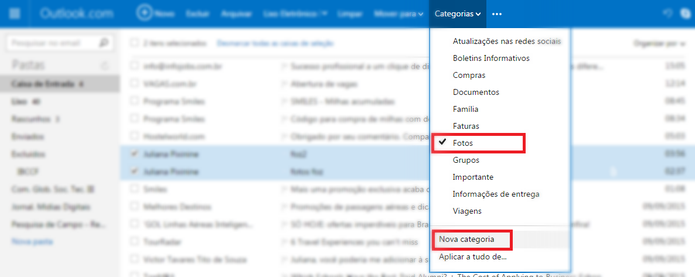 Você pode usar as categorias automaticamente criadas pelo Outlook.com ou criar uma nova (Foto: Reprodução/Juliana Pixinine)