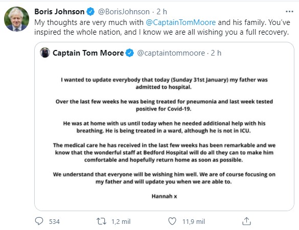 O primeiro-ministro Boris Johnson respondeu o post (Foto: Reprodução Twitter)