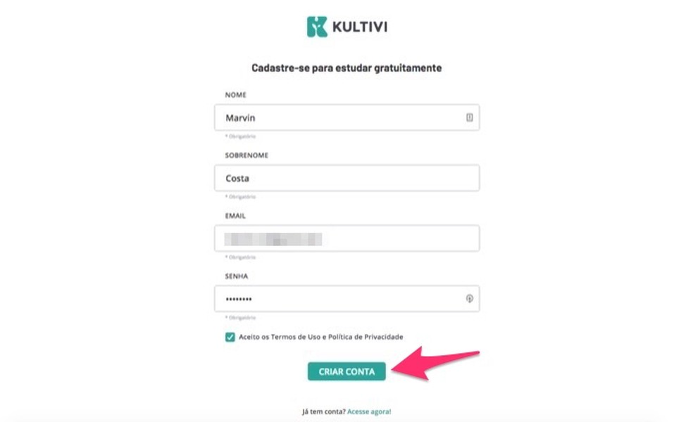 Ação para se cadastrar como usuário do site Kultivi — Foto: Reprodução/Marvin Costa