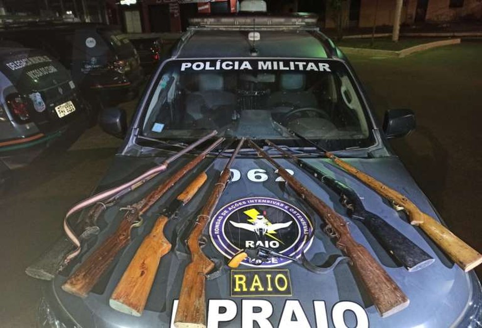Armas apreendidas pela polícia na localidade de Sítio Santa Rita, em Tianguá, no interior do Ceará. — Foto: Polícia Militar/ Divulgação