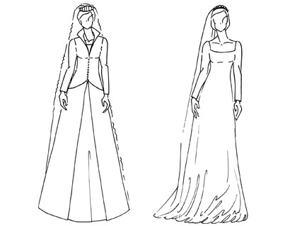À esq., Mathilde (1999), da Bélgica. Inspirado nas princesas medievais, consistia em um vestido simples, usado com casaco de gola alta e botões. À dir., Mette-Marit (2001), da Noruega. Minimalista e clássico!