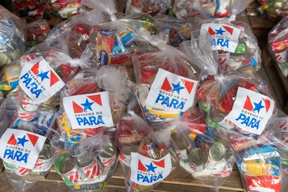 Cestas básicas distribuídas pelo Governo do Pará durante período de isolamento social do coronavírus. — Foto: Marco Santos/ Agência Pará