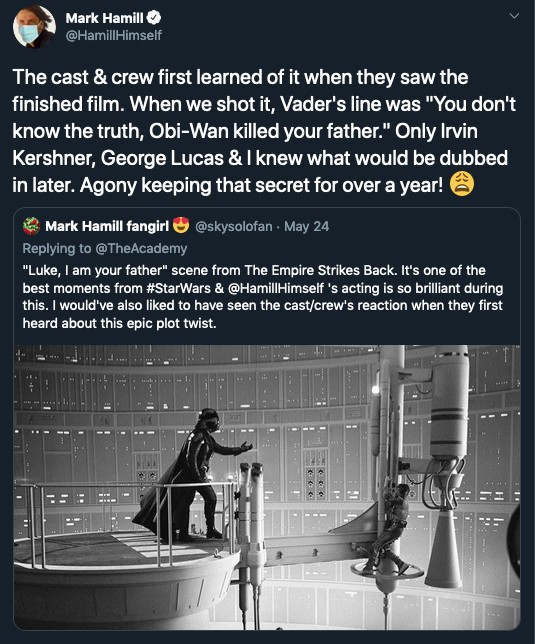 O tuíte de Mark Hamill revelando sua agonia ao esconder por mais de um ano o grande segredo de Star Wars: Episódio V - O Império Contra-ataca (1980) (Foto: Twitter)