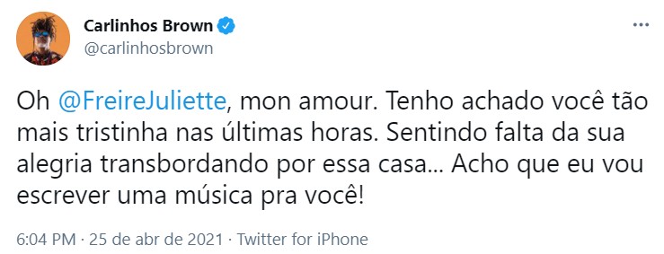 Carlinhos Brown diz que vai escrever single em homenagem à Juliette (Foto: Reprodução/Twitter)