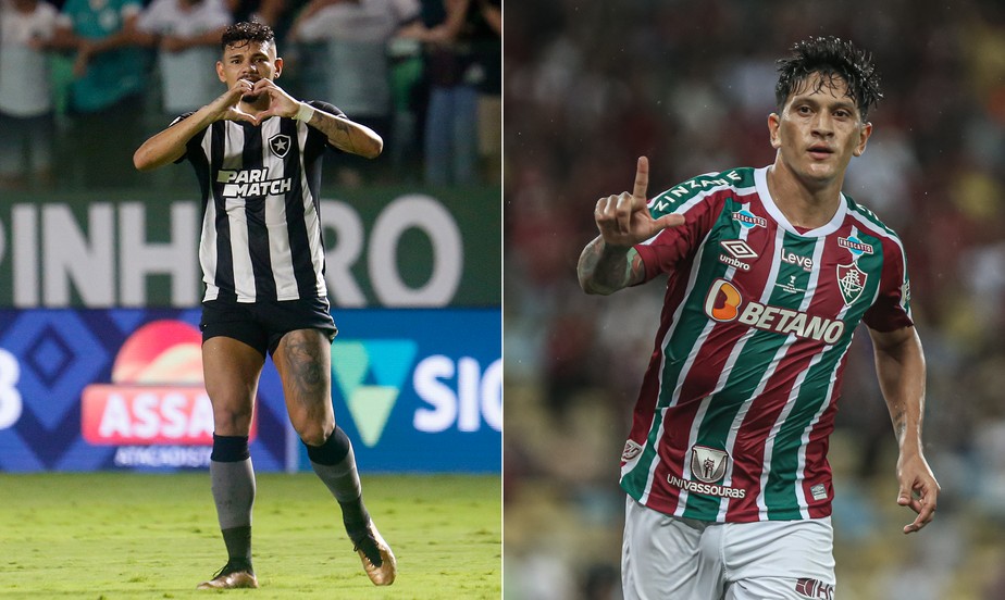 Tiquinho Soares e Gérman Cano comemoram gols por Botafogo e Fluminense.