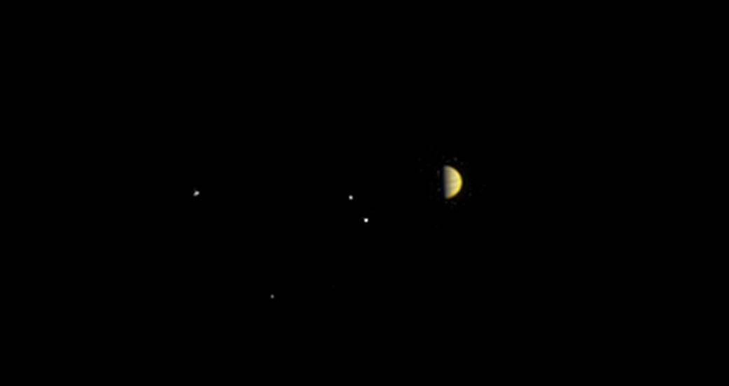 Perspectiva da sonda Juno em relação ao sistema de Júpiter (Foto: NASA/JPL-Caltech/SwRI/MSSS)