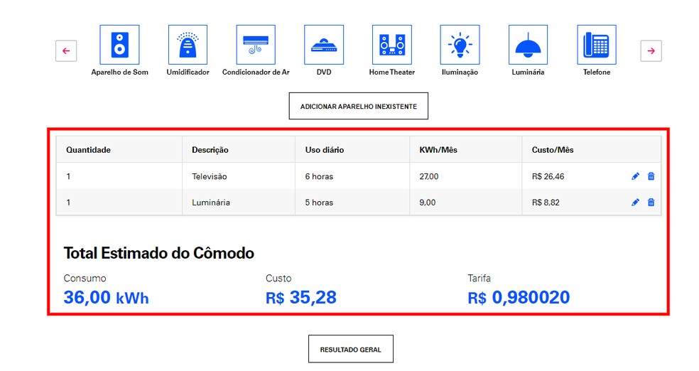 Calculadora da Enel mostra consumo estimado dos aparelhos dos cômodos — Foto: Reprodução/Rodrigo Fernandes