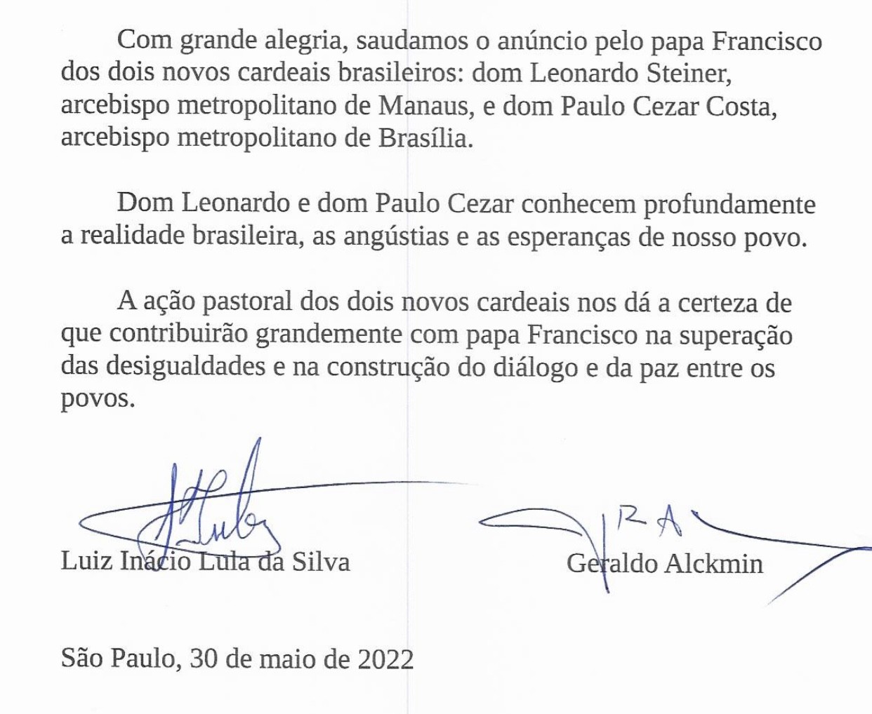 Documento assinado por Lula e Alckmin