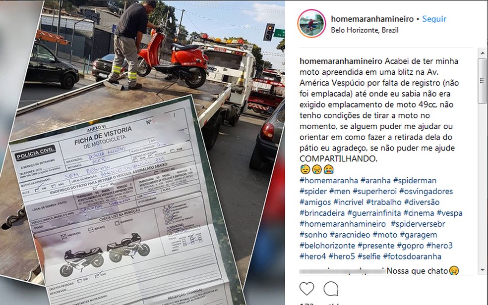 'Homem-Aranha Mineiro' disse em rede social que teve a moto apreendida em um blitz (Foto: ReproduÃ§Ã£o/Redes Sociais)