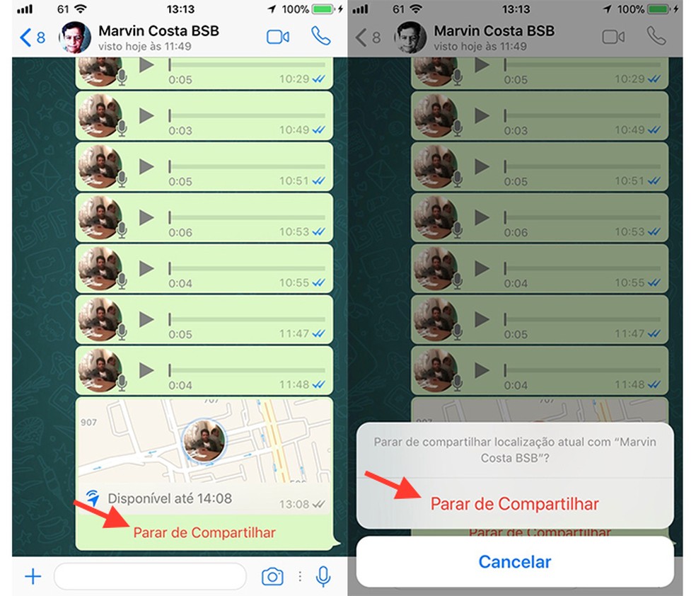 Opção para parar o compartilhamento em tempo real no chat do WhatsApp (Foto: Reprodução/Marvin Costa)