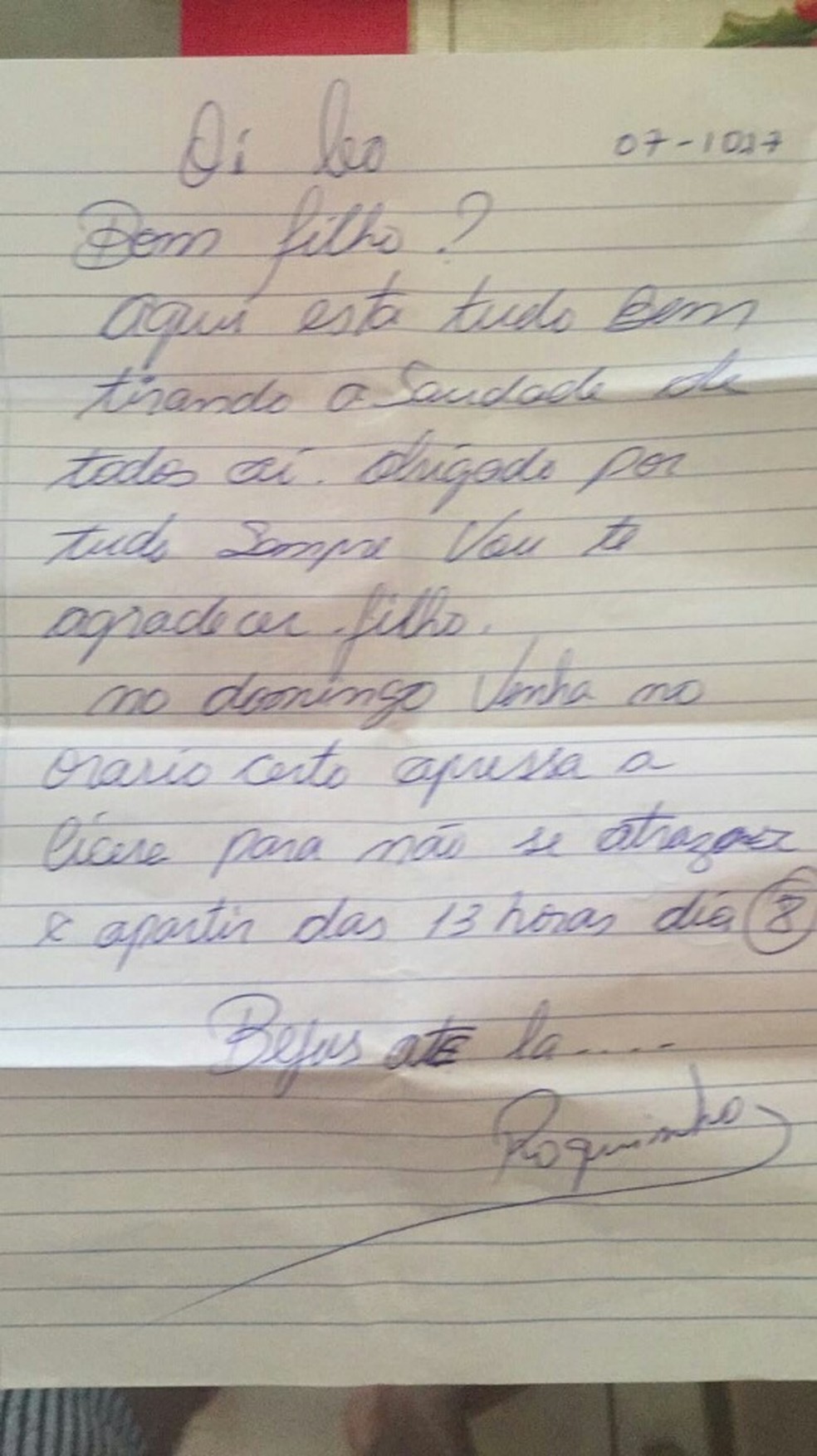 Em carta, o vigilante Orlandino Ferreira Roque pede visita ao filho que conheceu anos depois (Foto: Leonardo Pereira da Silva Roque/Arquivo Pessoal)