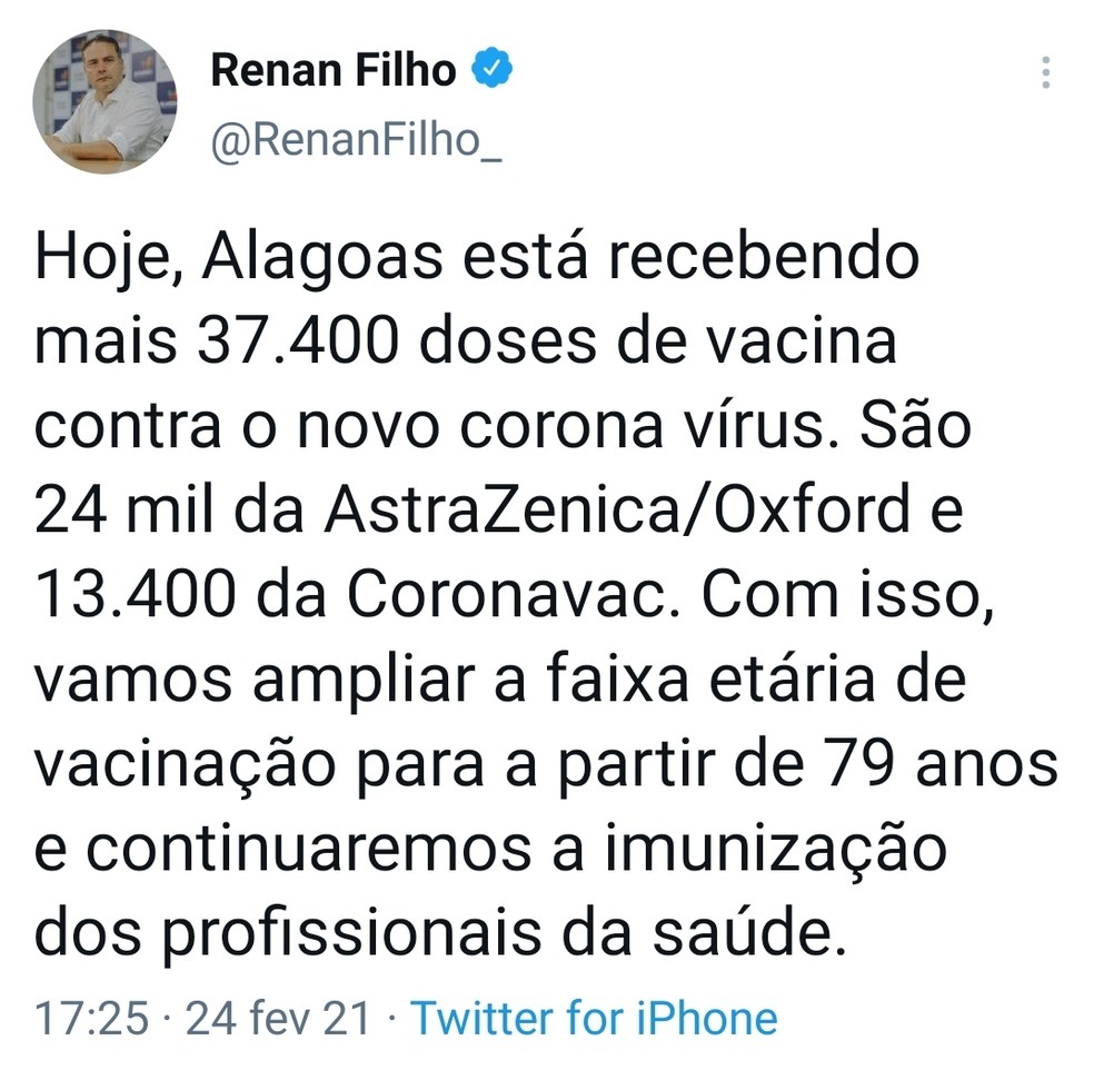 Renan Filho (MDB) anunciou chegada de novas doses de vacina contra Covid-19 em Alagoas — Foto: Reprodução