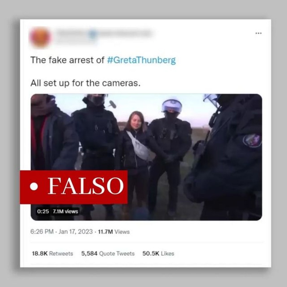 O post viral com o vídeo de Greta Thunberg e os policiais no protesto.  — Foto: Reprodução/ Twitter