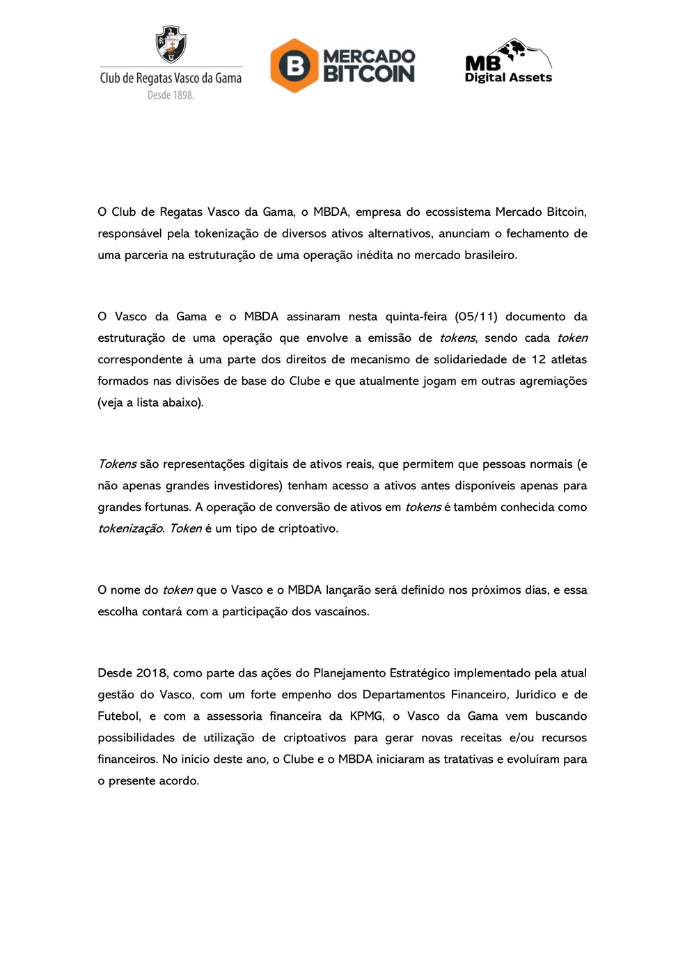 Confira detalhes do acordo entre Vasco e Mercado Bitcoin — Foto: Divulgação