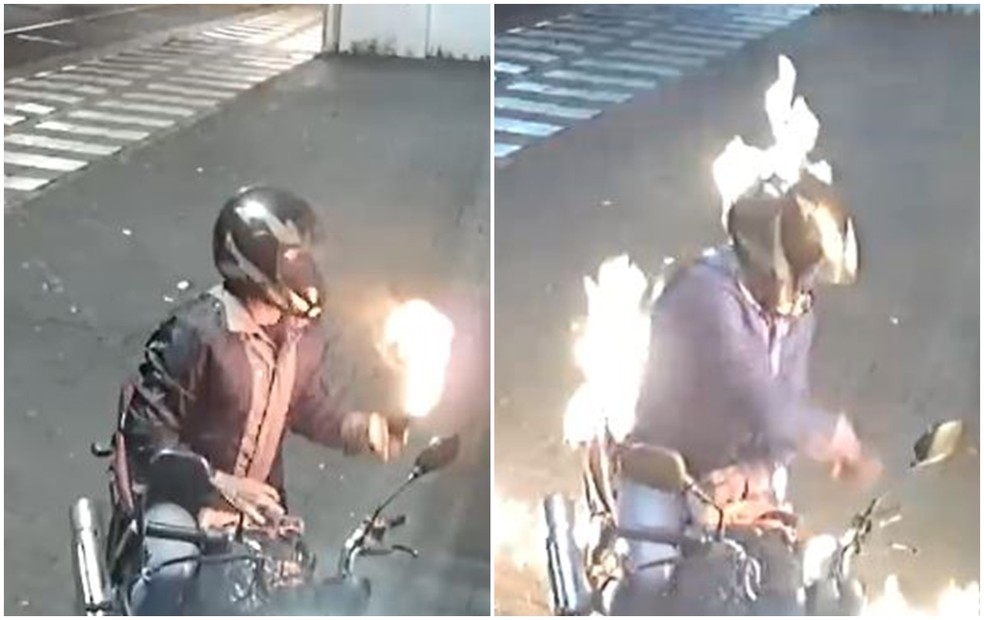 Motociclista tenta incendiar loja de veículos e acaba atingido por chamas em Rio Preto — Foto: Circuito de segurança 