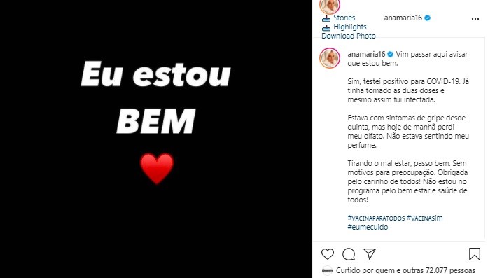 Ana Maria Braga faz post para tranquilizar público (Foto: Reprodução/Instagram)