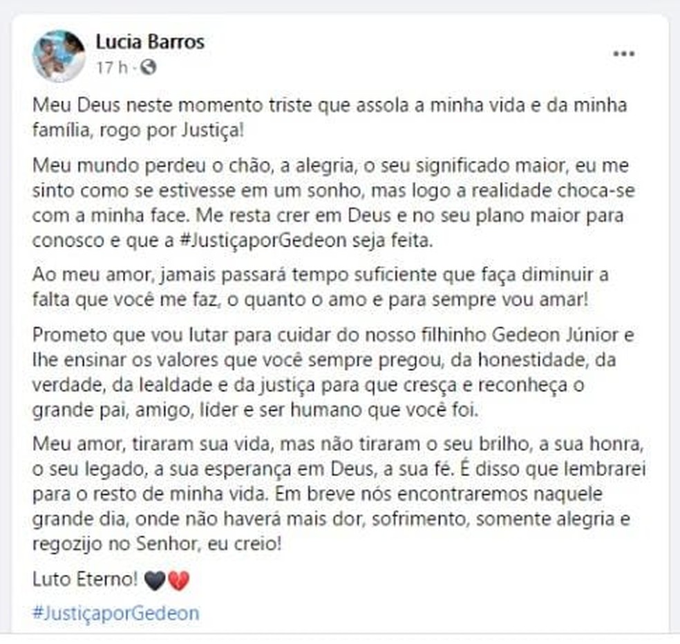Em publicação nas redes socias, Lúcia Barros lamentou a perda do marido — Foto: Reprodução