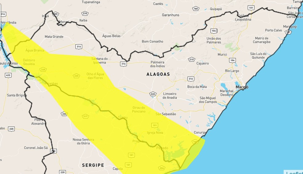 Alerta amarelo é válido para toda região do Rio São Francisco de Alagoas — Foto: Inmet